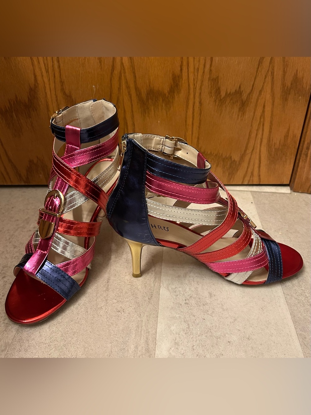 Ashro Multicolor Strappy Heeled Sandals - Red, Pink, Navy & Silver - Picture 2 of 6